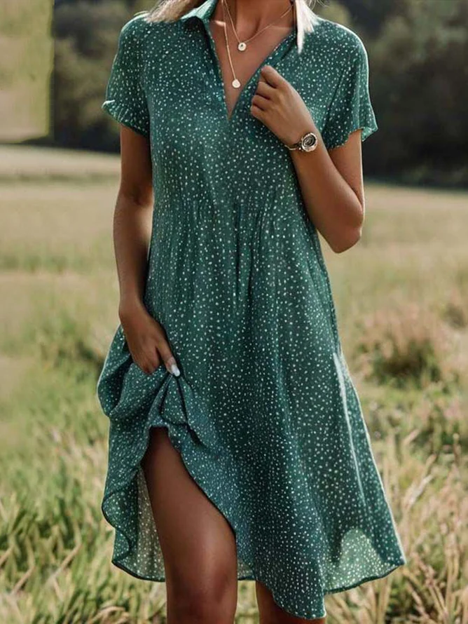 Femmes Pois Polka Bleu Col Châle Confortable Imprimé Robe de Longueur Au Genou Décontracté