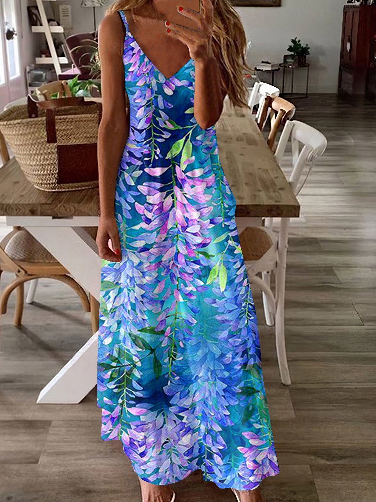 Femmes Floral Bleu à Bretelles Confortable Robe Maxi Décontracté