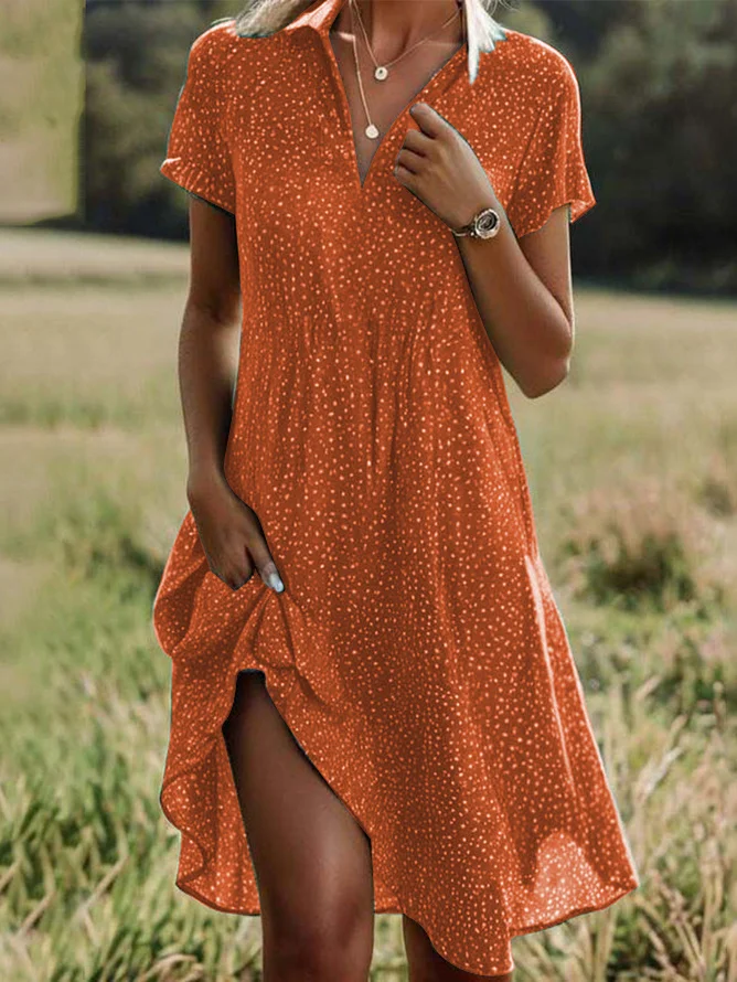 Femmes Pois Polka Bleu Col Châle Confortable Imprimé Robe de Longueur Au Genou Décontracté