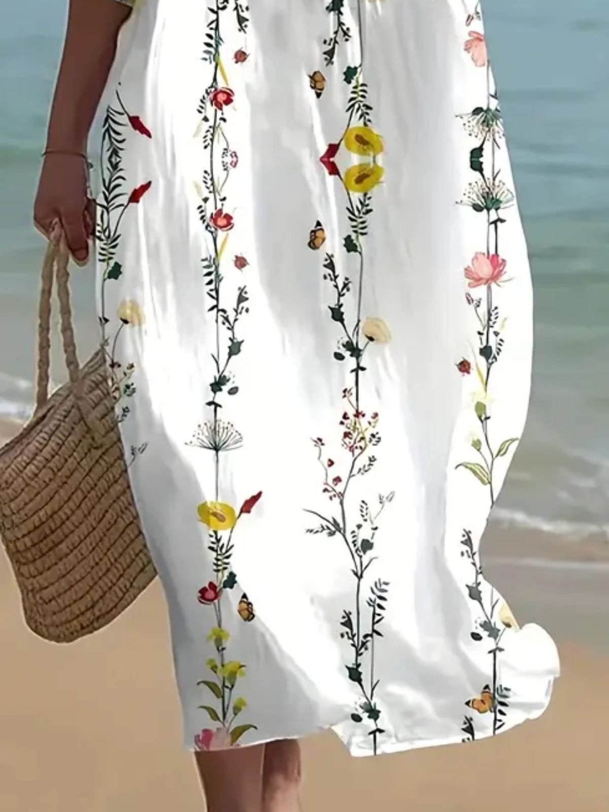 Femmes Floral Blanc Col Rond Confortable Robe Maxi Décontracté