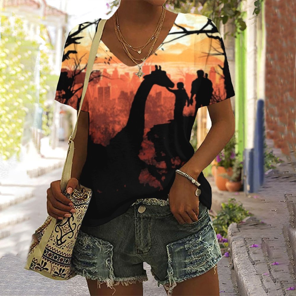 T-shirts Femmes Décontracté Floral Été Coton Col V Micro-élasticité Quotidien Manches Courtes Régulier