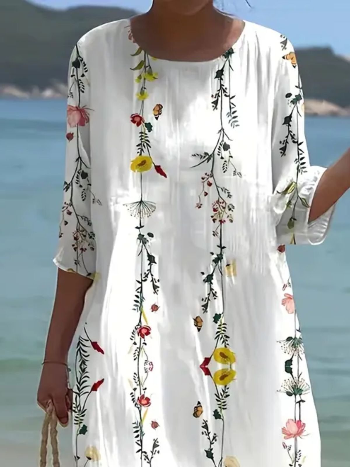 Femmes Floral Blanc Col Rond Confortable Robe Maxi Décontracté