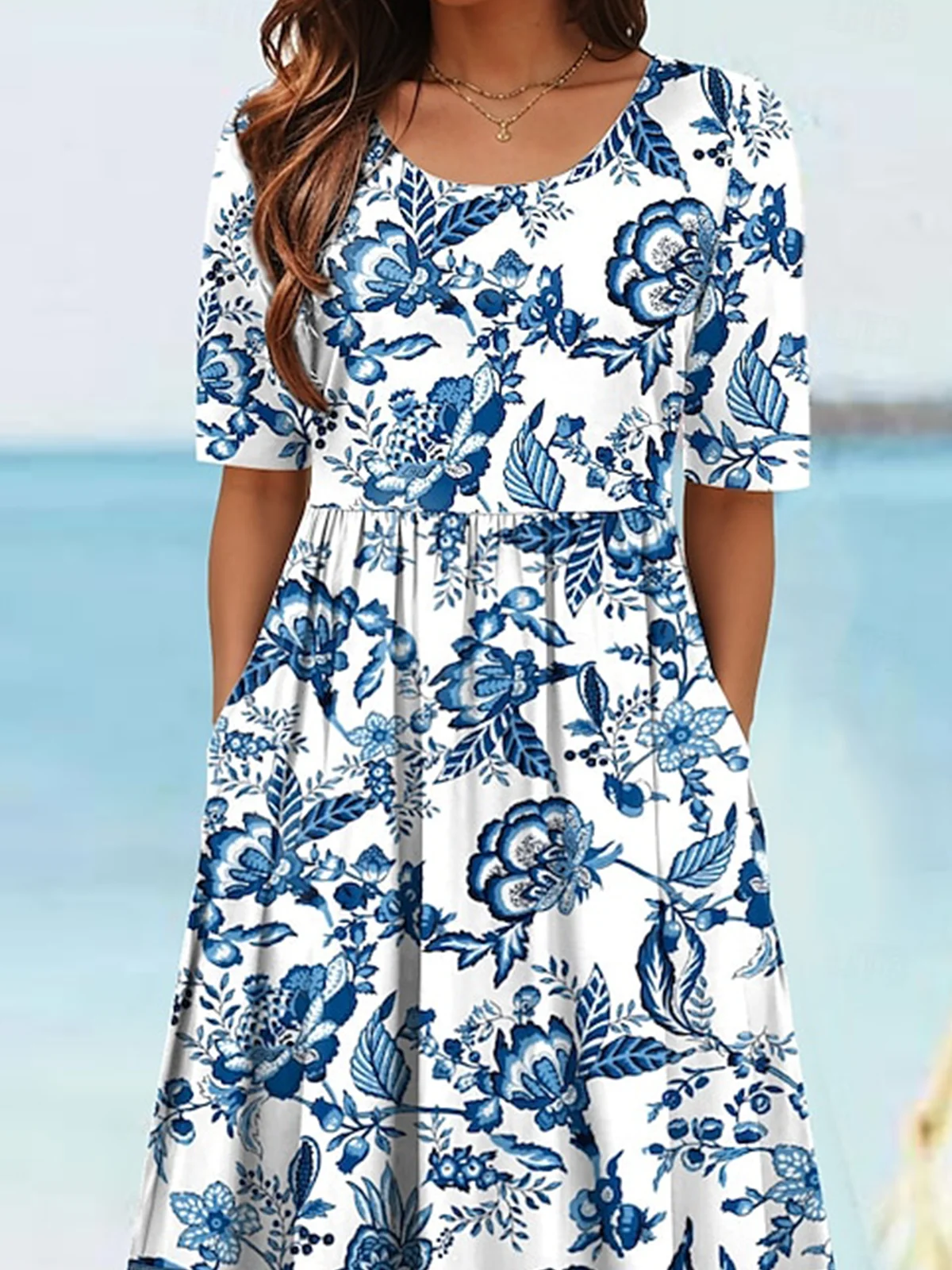 Femmes Floral Comme Image Col Rond Confortable Robe Maxi Décontracté
