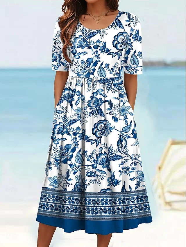 Femmes Floral Comme Image Col Rond Confortable Robe Maxi Décontracté