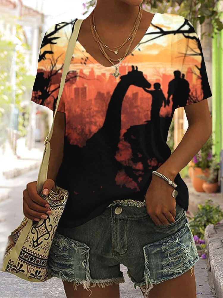 T-shirts Femmes Décontracté Floral Été Coton Col V Micro-élasticité Quotidien Manches Courtes Régulier