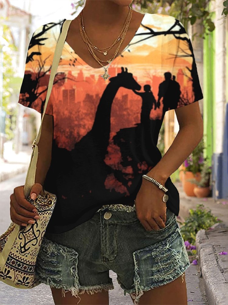 T-shirts Femmes Décontracté Floral Été Coton Col V Micro-élasticité Quotidien Manches Courtes Régulier