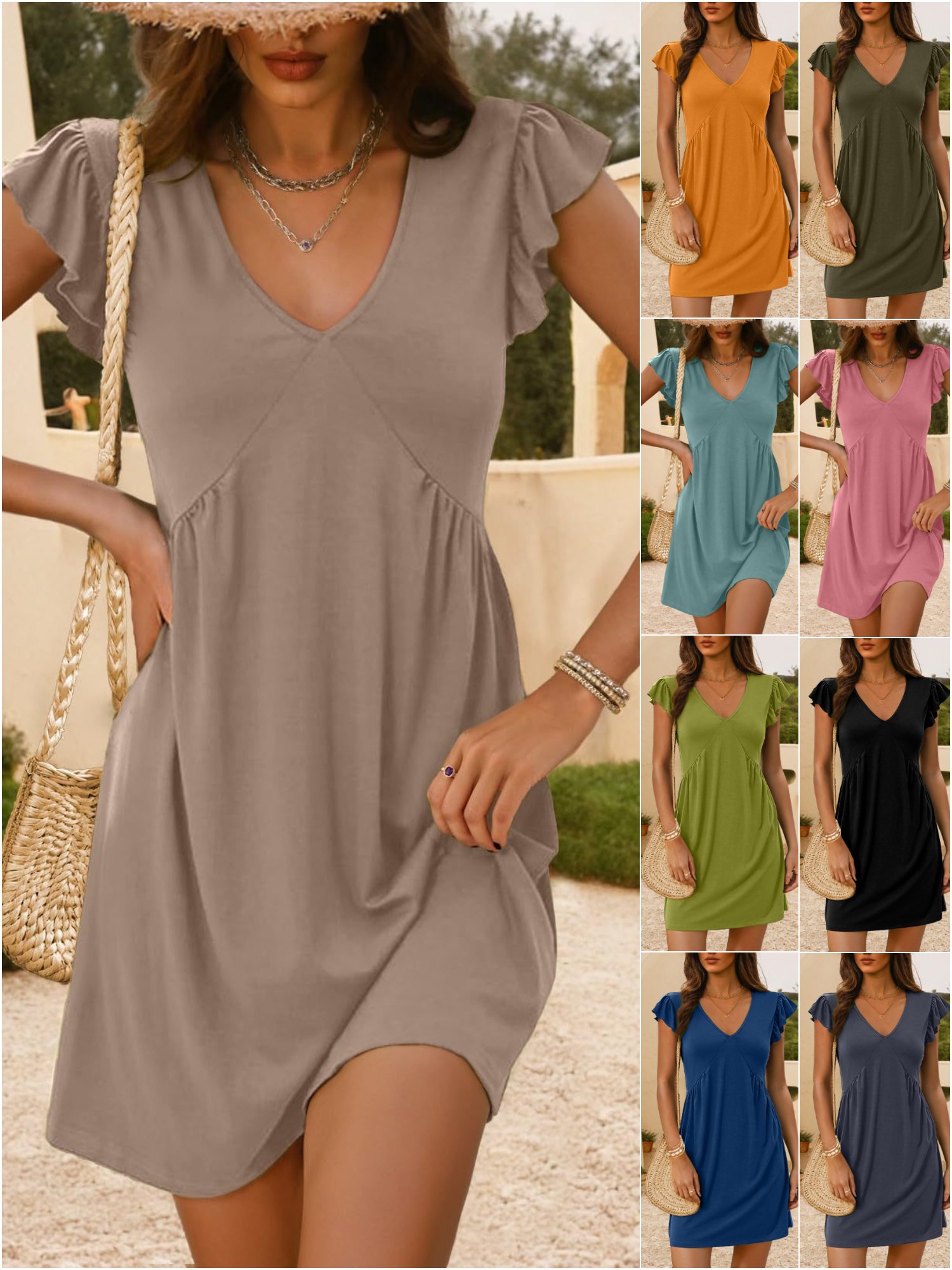 Femmes Plain Bleu Marine Col V Confortable Robe de Longueur Au Genou Décontracté