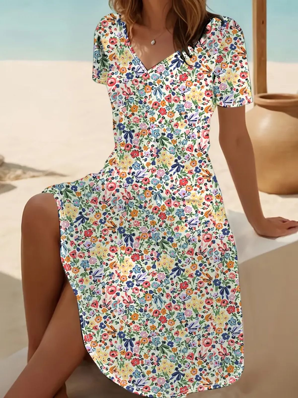 Femmes Floral Rose Col V Confortable Robe Mi-Longue Décontracté
