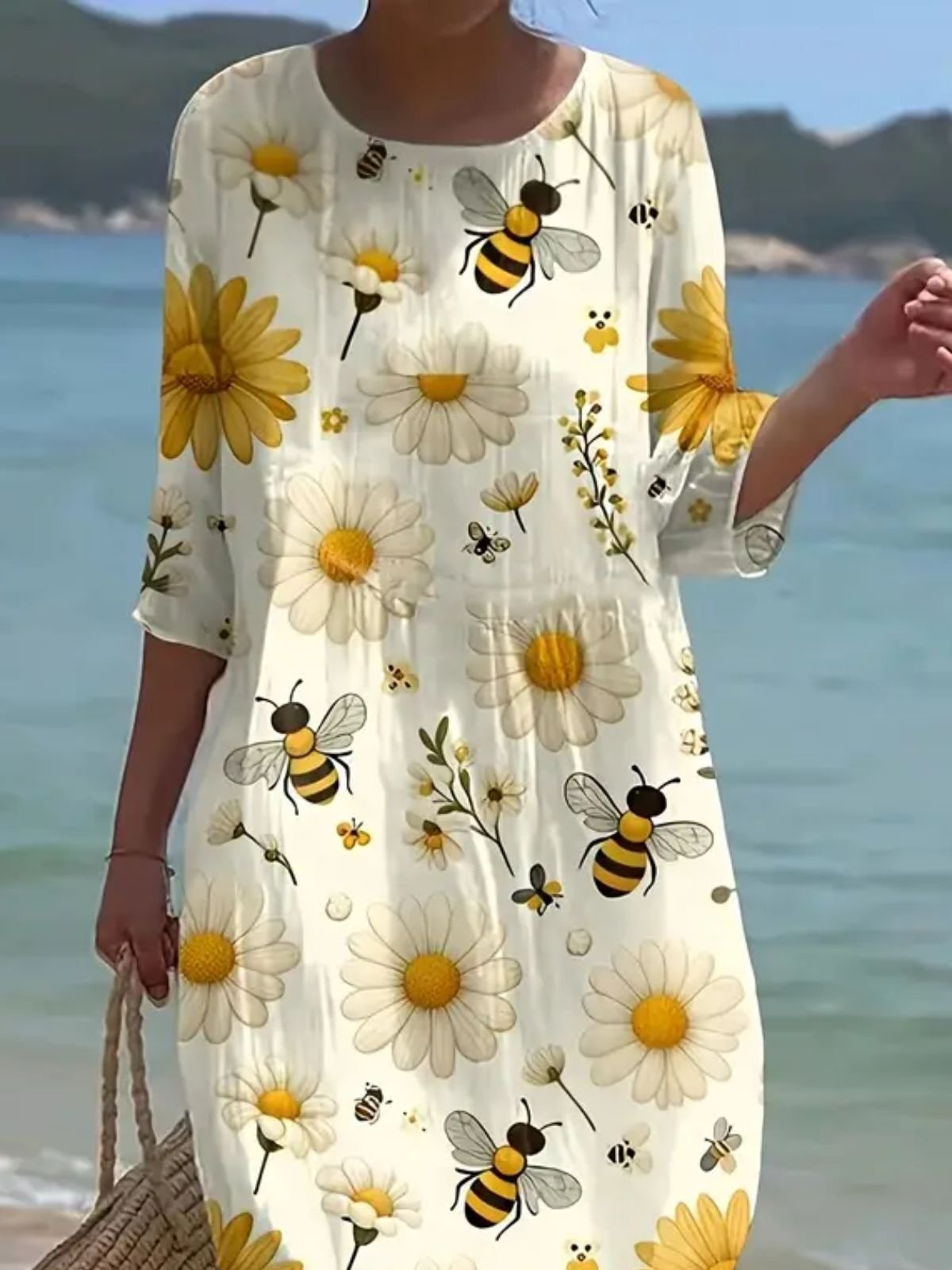 Femmes Floral Blanc Col Rond Confortable Robe Maxi Décontracté