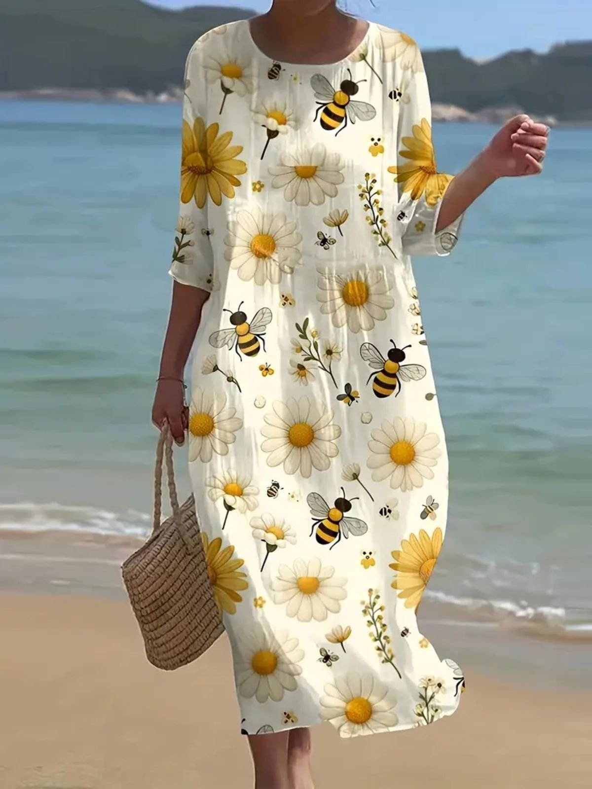 Femmes Floral Blanc Col Rond Confortable Robe Maxi Décontracté