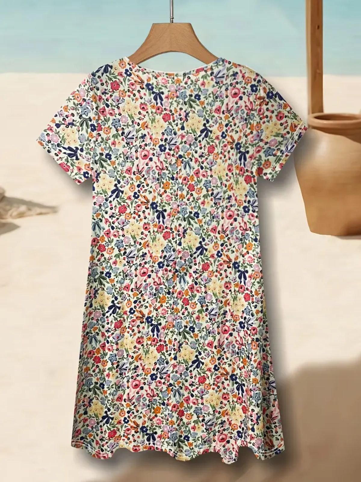 Femmes Floral Rose Col V Confortable Robe Mi-Longue Décontracté