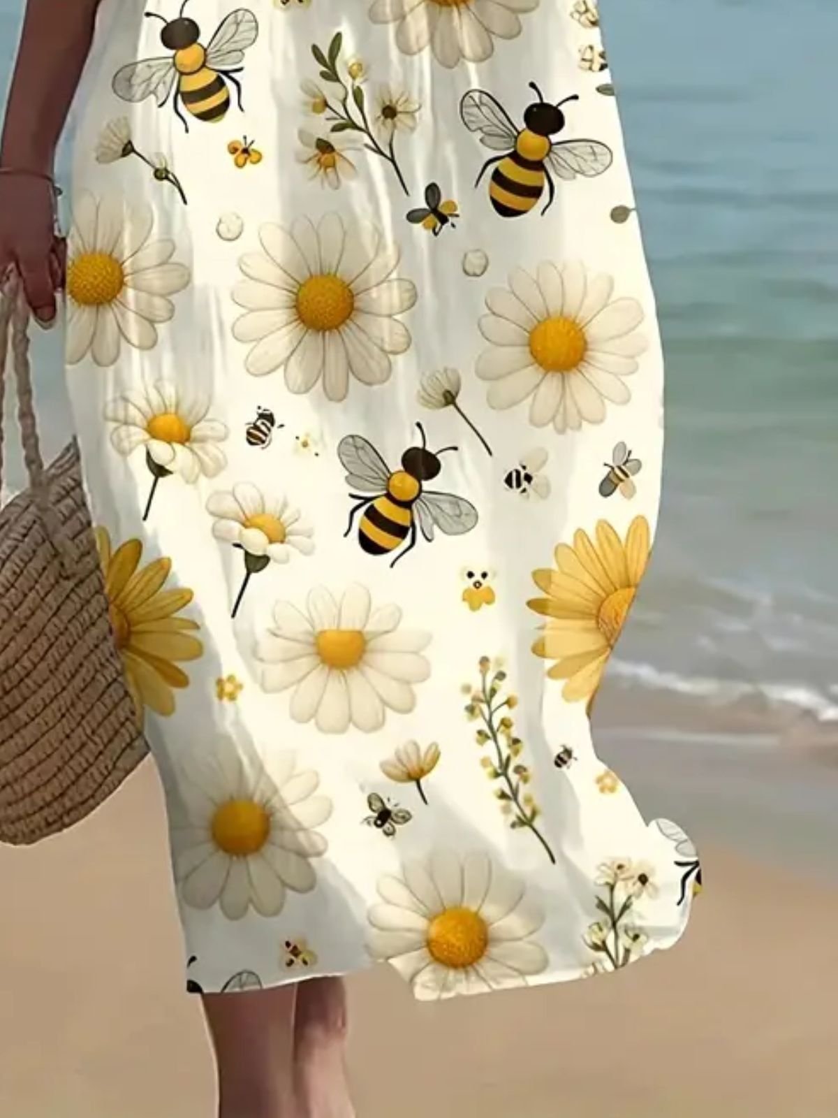 Femmes Floral Blanc Col Rond Confortable Robe Maxi Décontracté