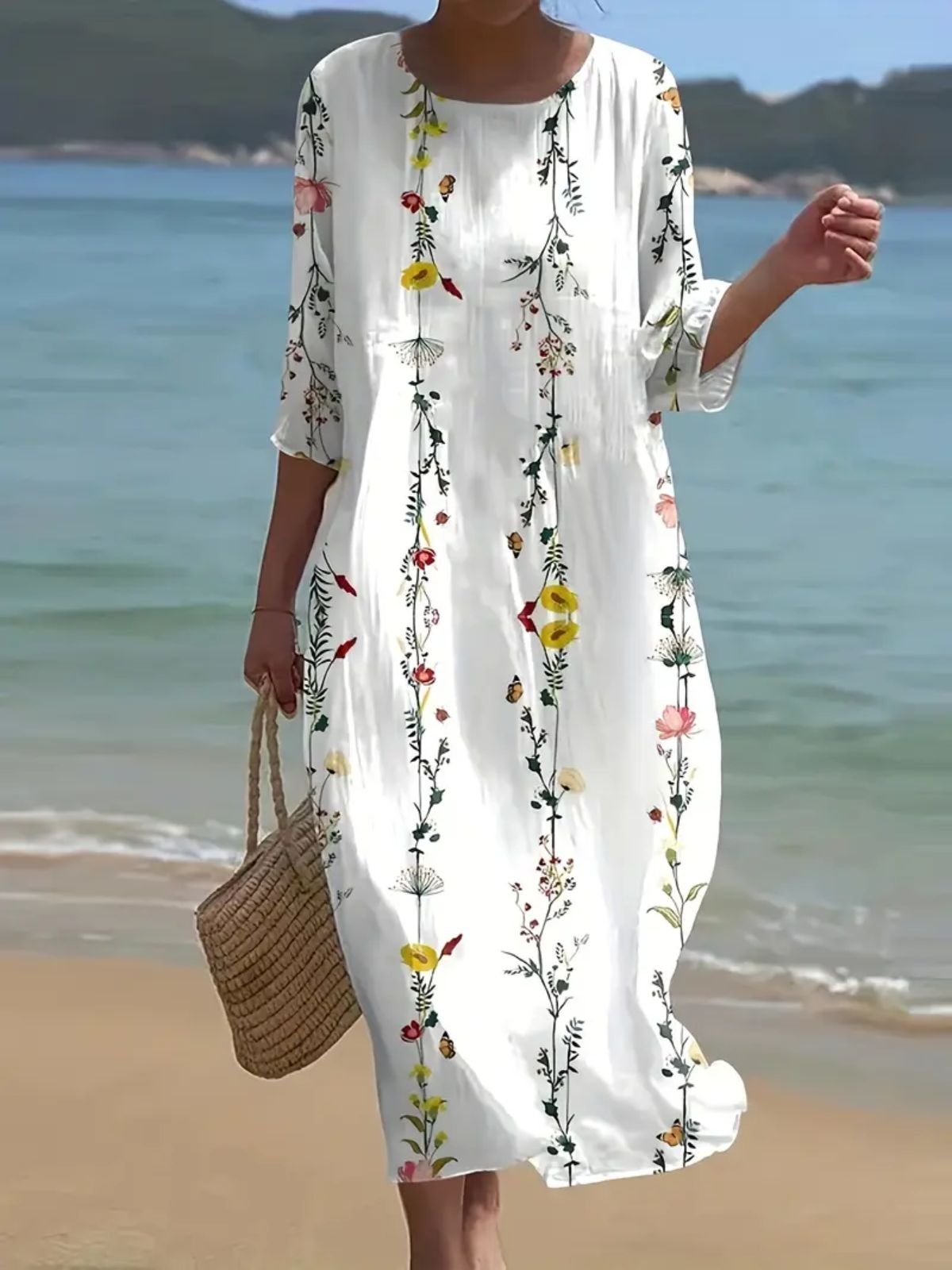 Femmes Floral Blanc Col Rond Confortable Robe Maxi Décontracté