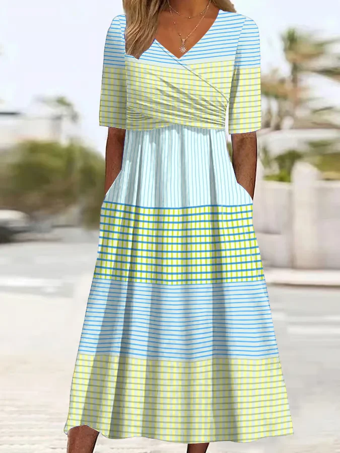 Femmes Rayé Comme Image Col V Confortable Imprimé Robe Maxi Décontracté