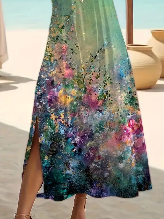 Femmes Floral Vert Col Rond Confortable Imprimé Robe Maxi Décontracté