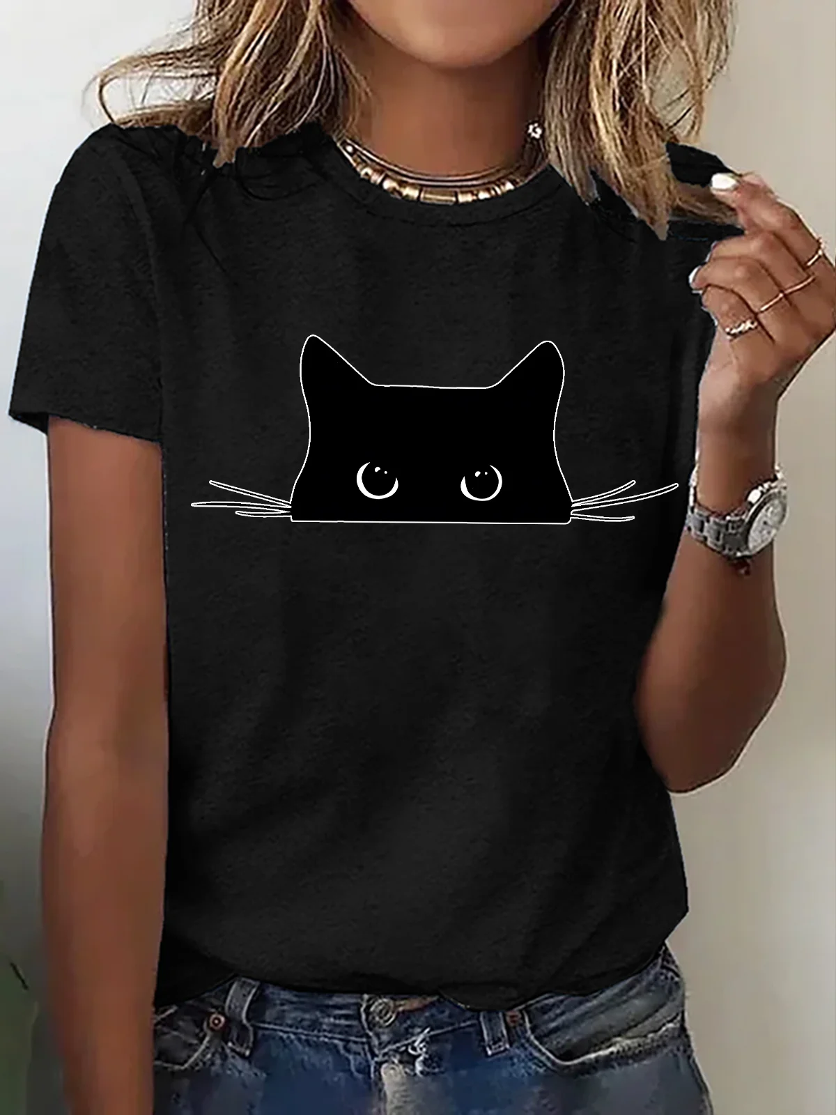 T-shirts Décontracté Imprimé d'Animal Été Micro-élasticité Quotidien Ample Col Rond Régulier Droit pour Femmes