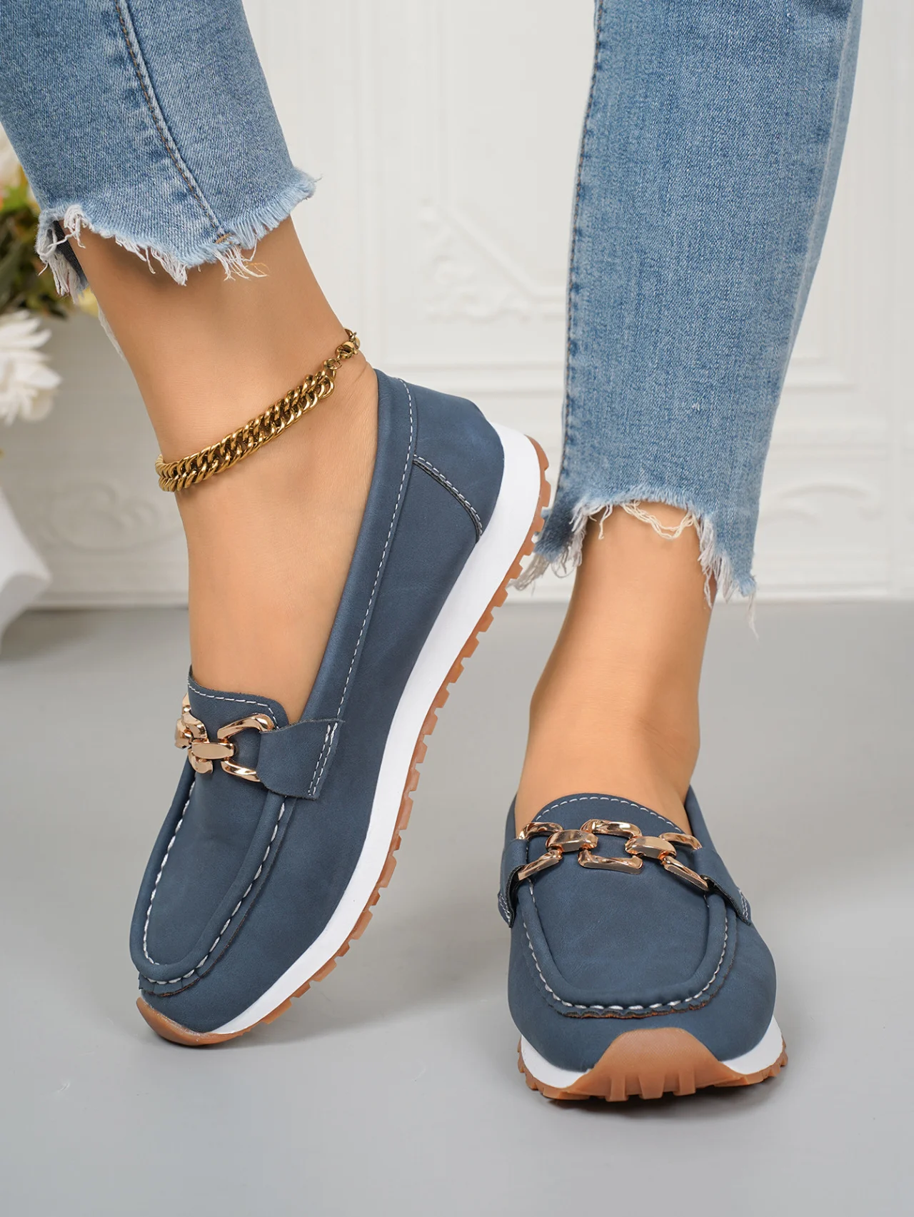 Mocassins Femmes Simple Plain Toutes Les Saisons Bal Talon Bas Bout Rond PU à Enfiler Mocassins