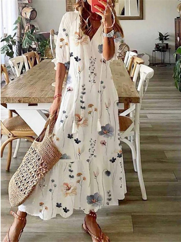 Femmes Géométrique Fleur Col V Confortable Robe Maxi Décontracté