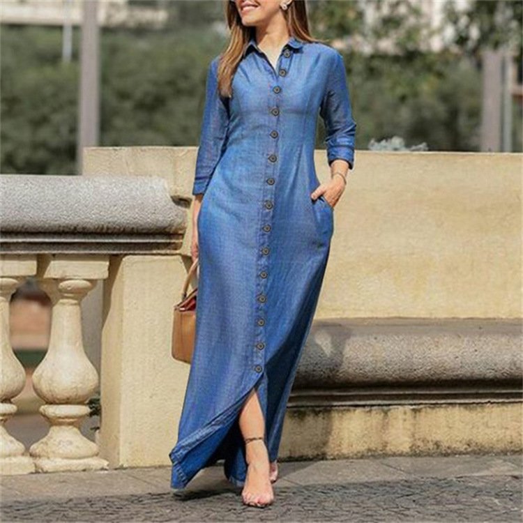 Femmes Plain Bleu Foncé Col Montant Confortable Robe Maxi Décontracté
