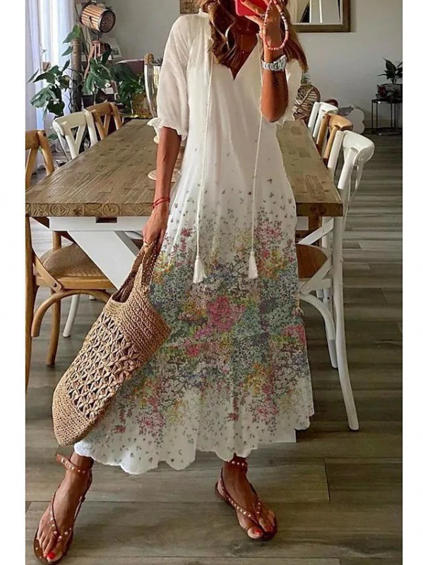 Femmes Géométrique Fleur Col V Confortable Robe Maxi Décontracté