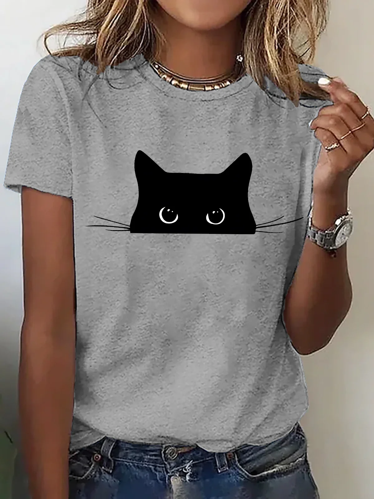 T-shirts Décontracté Imprimé d'Animal Été Micro-élasticité Quotidien Ample Col Rond Régulier Droit pour Femmes