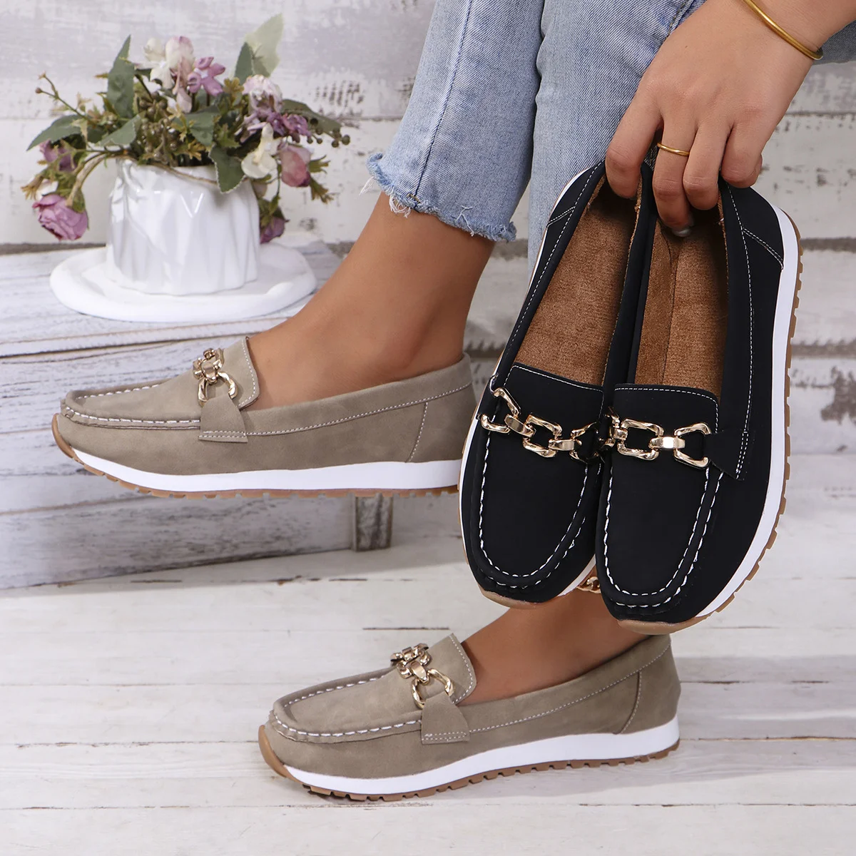 Mocassins Femmes Simple Plain Toutes Les Saisons Bal Talon Bas Bout Rond PU à Enfiler Mocassins