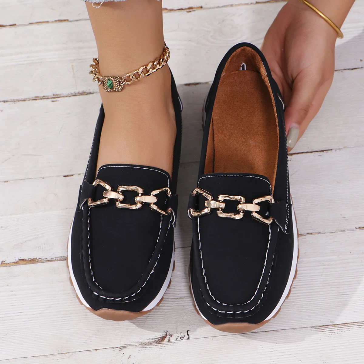 Mocassins Femmes Simple Plain Toutes Les Saisons Bal Talon Bas Bout Rond PU à Enfiler Mocassins