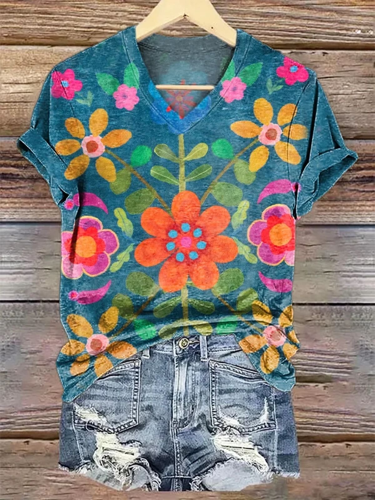 T-shirts Femmes Décontracté Floral Été Polyester Col V Micro-élasticité Manches Courtes Régulier Trapèze