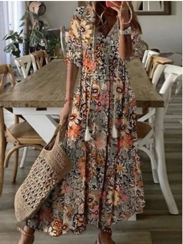 Femmes Géométrique Fleur Col V Confortable Robe Maxi Décontracté