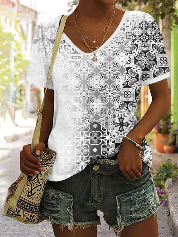 T-shirts Femmes Décontracté Floral Été Polyester Micro-élasticité Manches Courtes Régulier Trapèze Régulier