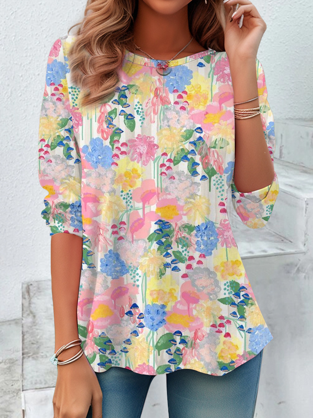 T-shirts Décontracté Floral Printemps / Automne Imprimé Quotidien Ample Jersey Manches Longues Régulier pour Femmes