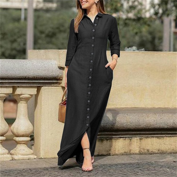 Femmes Plain Bleu Foncé Col Montant Confortable Robe Maxi Décontracté