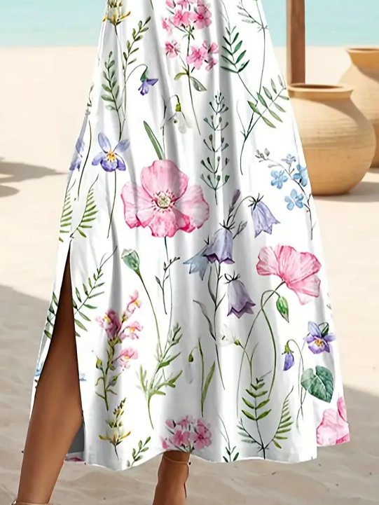 Femmes Floral Blanc Col Rond Confortable Imprimé Robe Maxi Décontracté