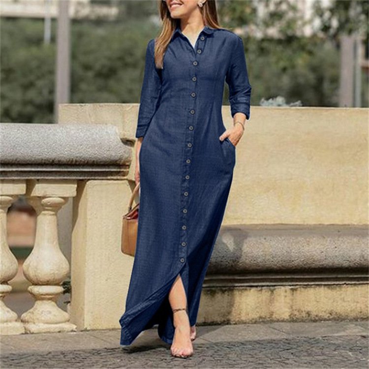 Femmes Plain Bleu Foncé Col Montant Confortable Robe Maxi Décontracté