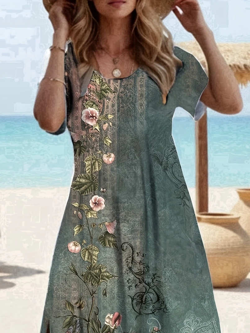 Femmes Floral Vert Col Rond Confortable Imprimé Robe Maxi Décontracté
