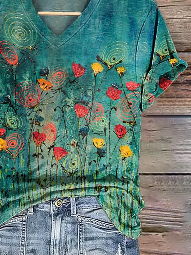 T-shirts Femmes Décontracté Floral Été Col V Ample Manches Courtes Régulier Droit T.-N.-L.