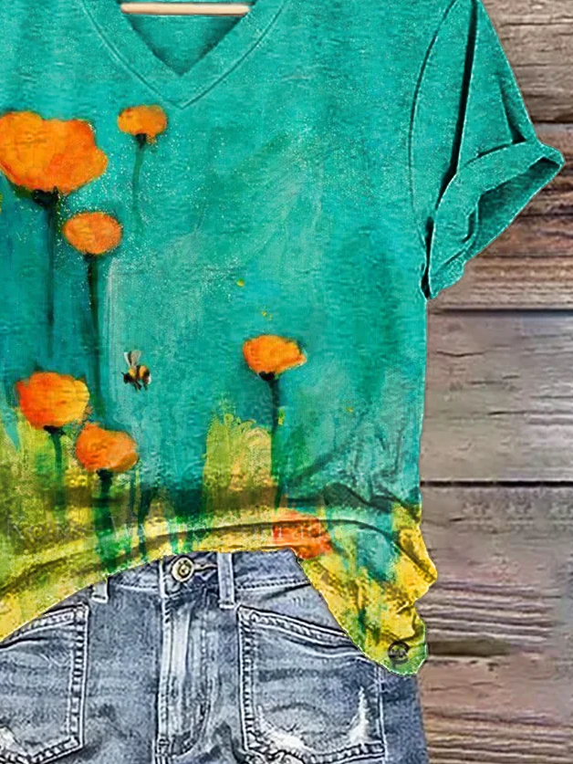 T-shirts Décontracté Floral Été Col V Ample Jersey Régulier Droit Régulier pour Femmes