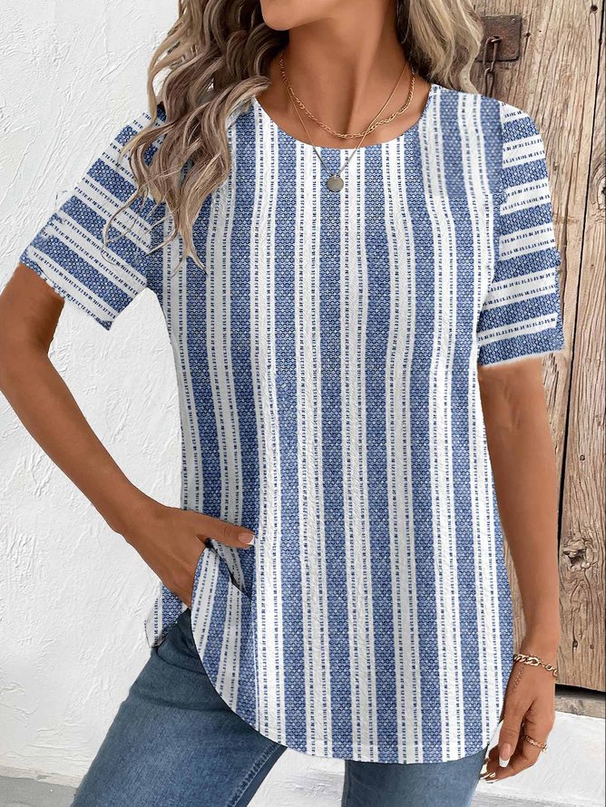 T-shirts Femmes Rayé Décontracté Été Micro-élasticité Vacances Col Rond Régulier Droit Régulier
