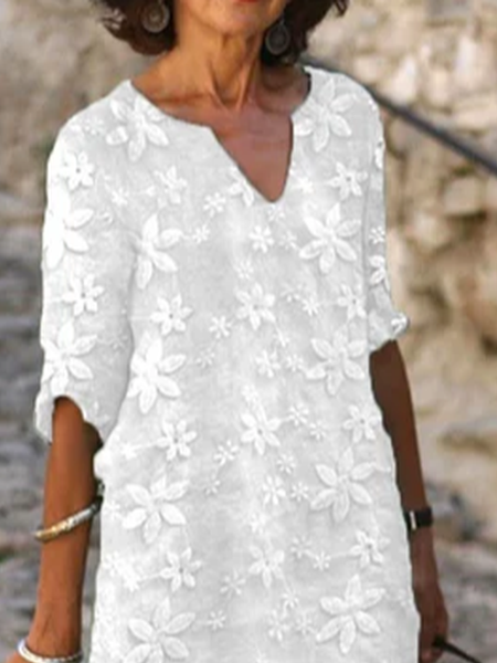 Femmes Floral Blanc Col V Confortable Imprimé Mini Robe Décontracté