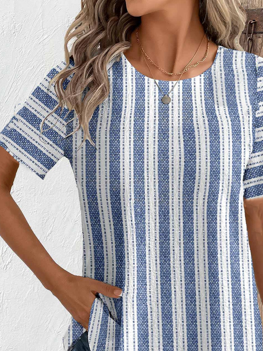 T-shirts Femmes Rayé Décontracté Été Micro-élasticité Vacances Col Rond Régulier Droit Régulier
