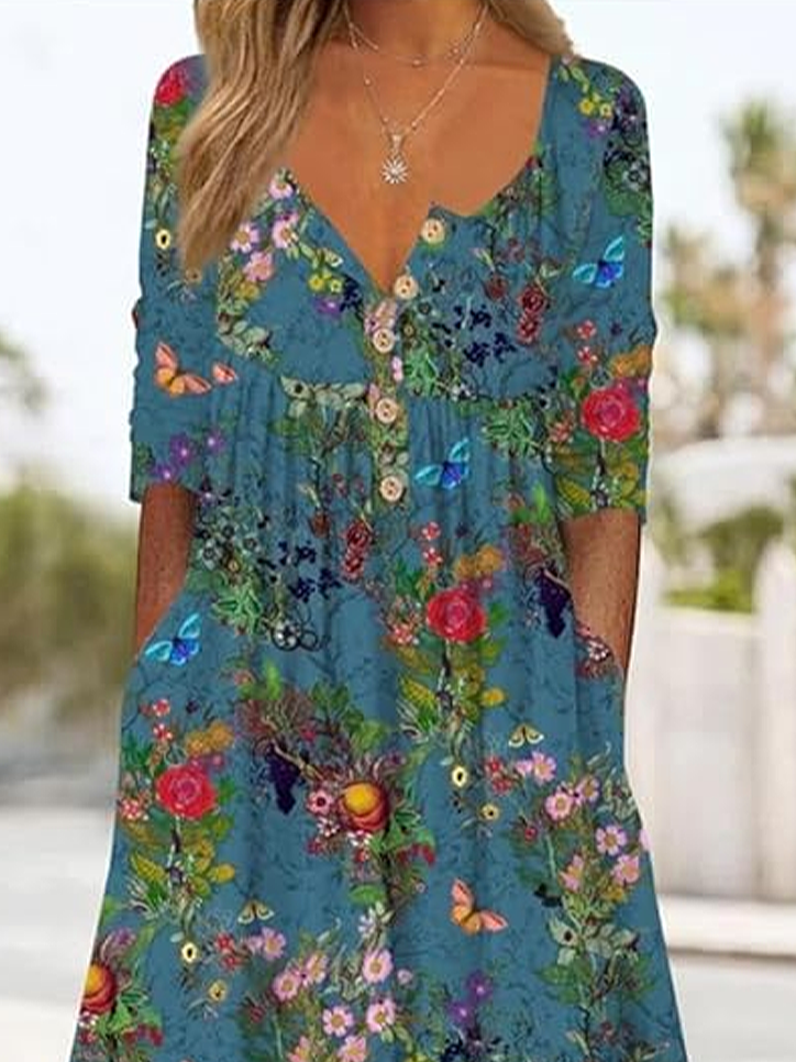 Femmes Floral Bleu Col mi-ouvert Confortable Imprimé Robe Maxi Décontracté