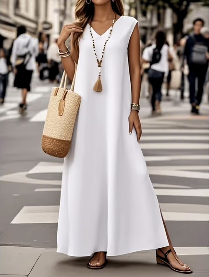Femmes Plain Blanc Col V Confortable Robe Maxi Décontracté