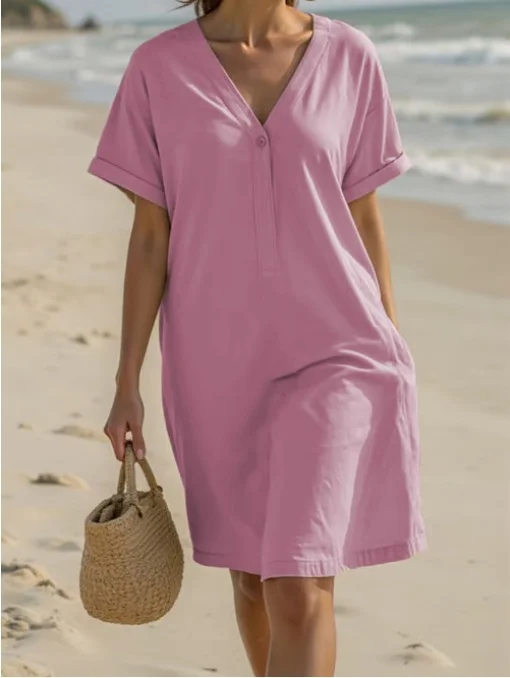 Femmes Plain Noir Col V Confortable Robe Mi-Longue Décontracté