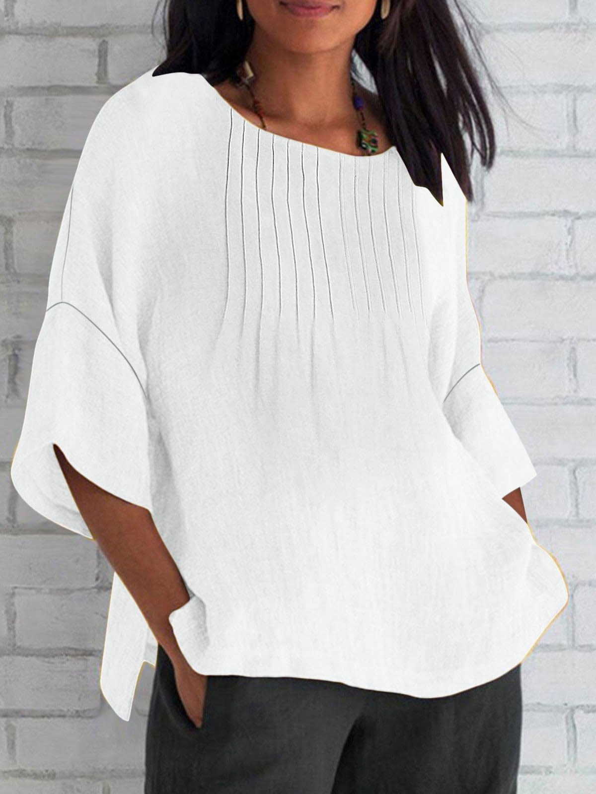 Blouses Femmes Décontracté Plain Printemps / Automne Léger Aucune élasticité Manches trois quarts Col Rond Régulier Droit