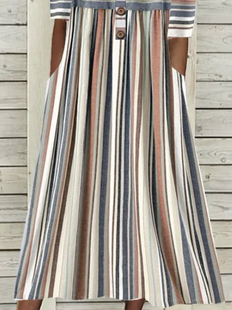 Femmes Rayé Comme Image Col mi-ouvert Confortable Imprimé Robe Maxi Décontracté