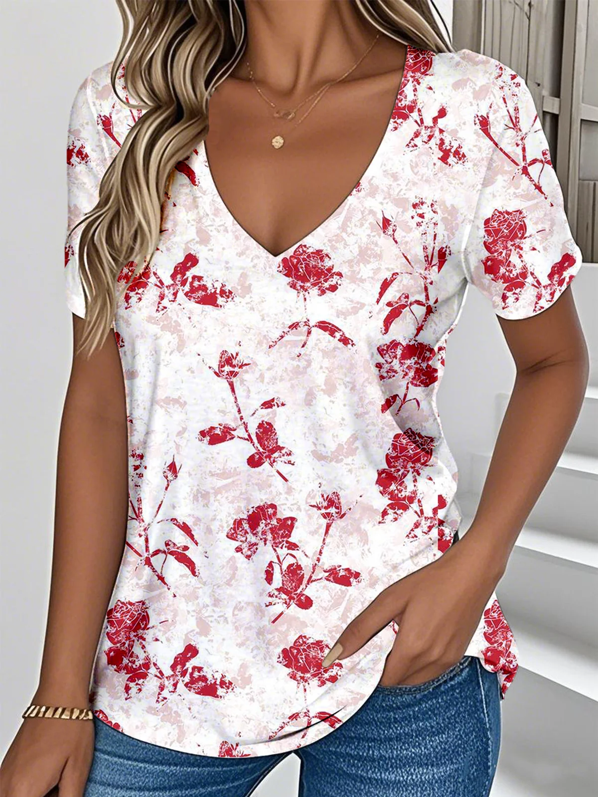 T-shirts Décontracté Floral Été Col V Aucune élasticité Ample Droit Régulier T.-N.-L. pour Femmes