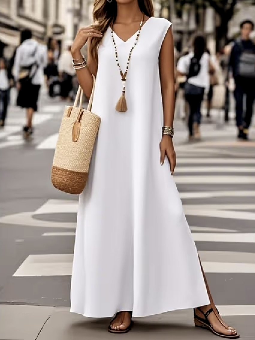 Femmes Plain Blanc Col V Confortable Robe Maxi Décontracté