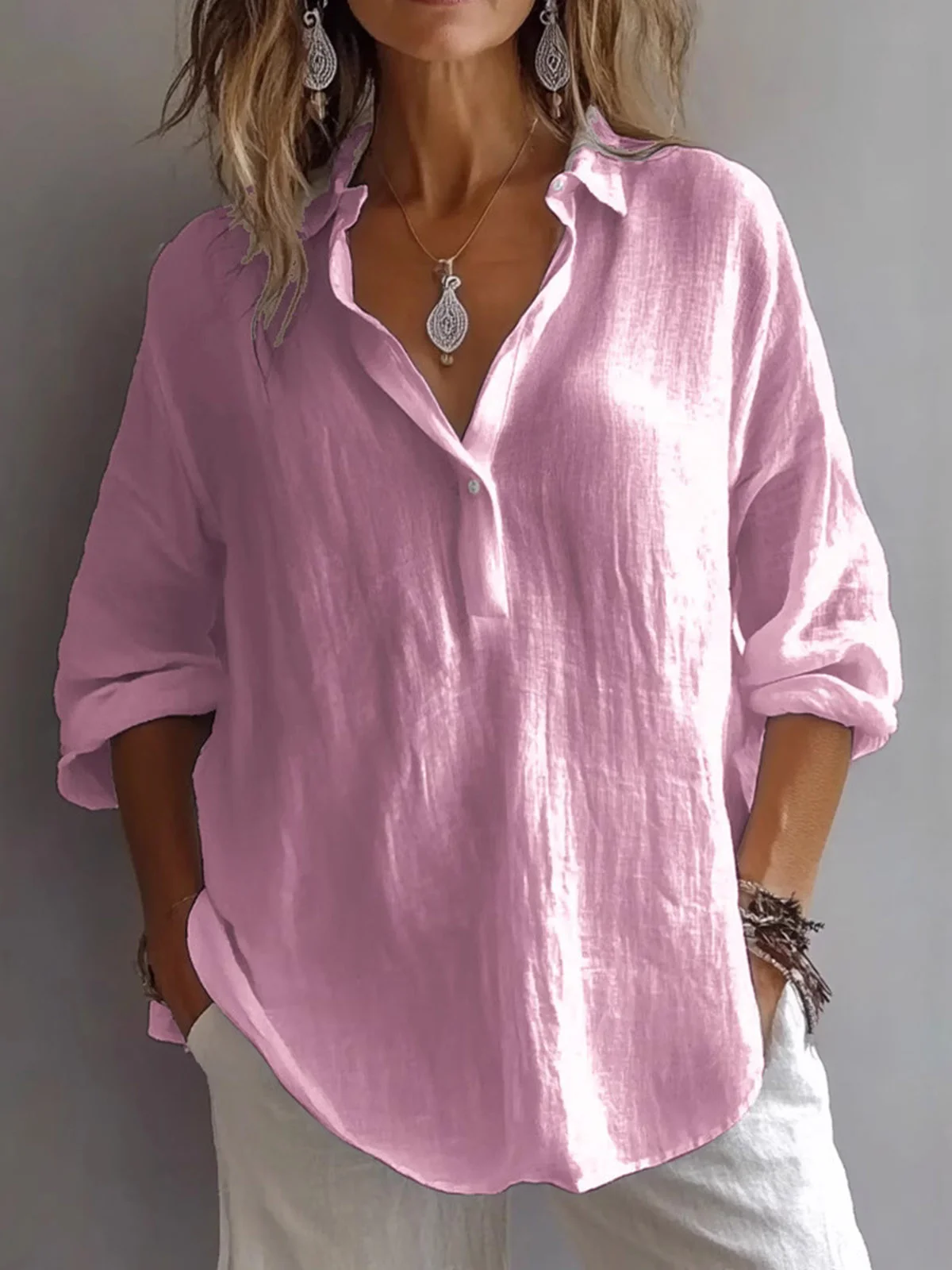 Blouses Décontracté Plain Printemps / Automne Polyester Col V Quotidien Pull-over Manches trois quarts Régulier pour Femmes