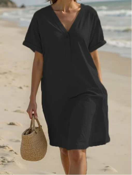 Femmes Plain Noir Col V Confortable Robe Mi-Longue Décontracté