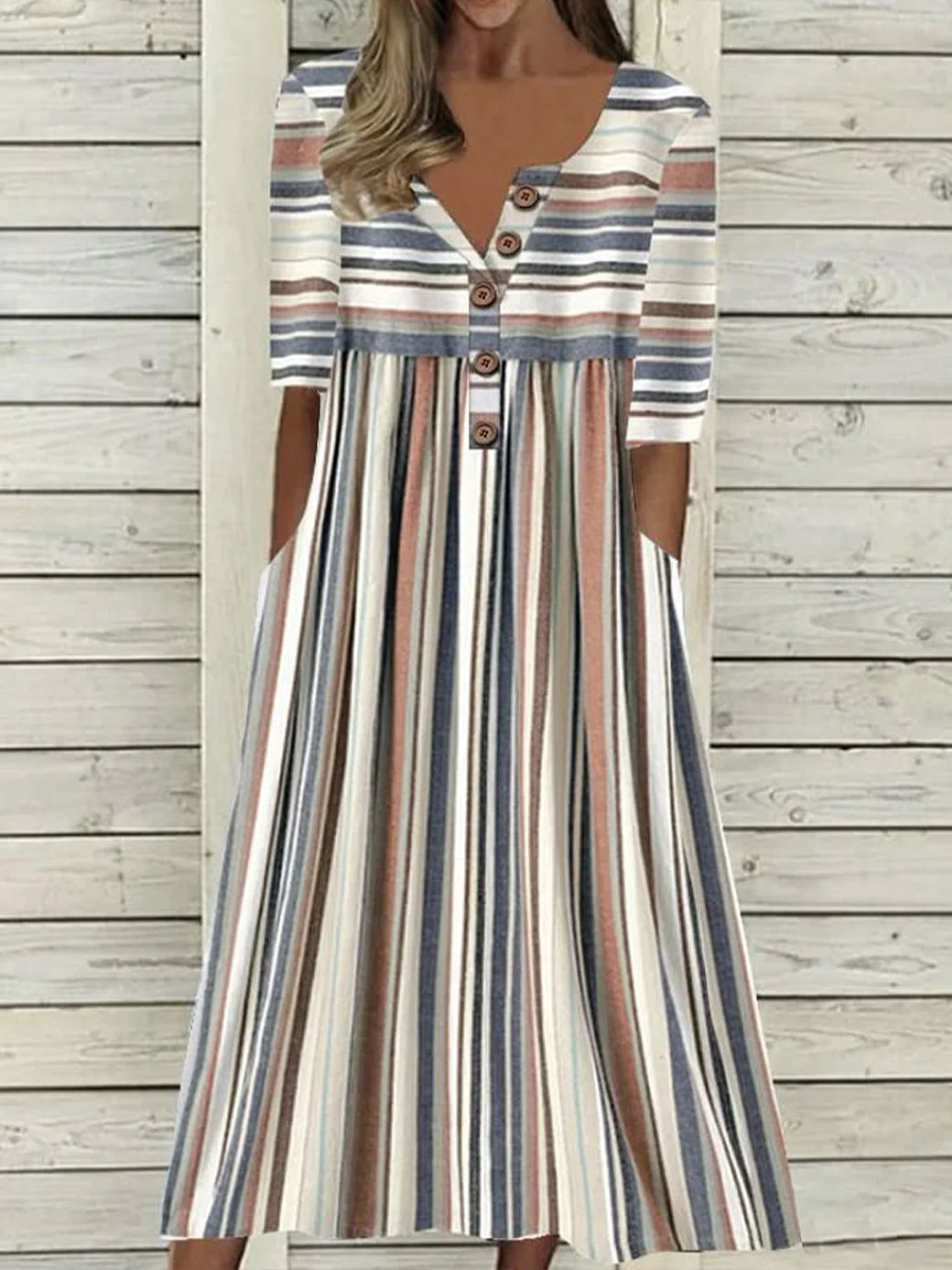 Femmes Rayé Comme Image Col mi-ouvert Confortable Imprimé Robe Maxi Décontracté
